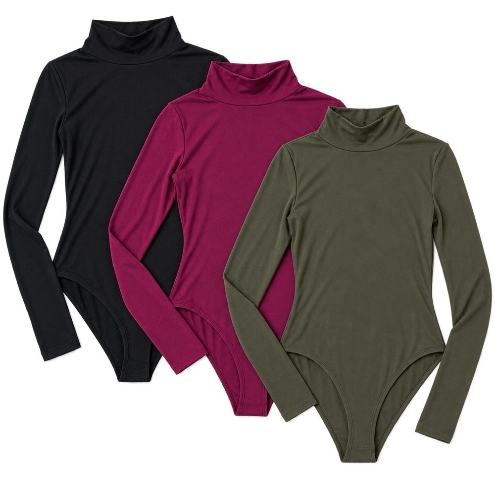Womens Small Set Of 3 Long Sleeve Mock Neck Snap Bodysuit Black Burgundy Green